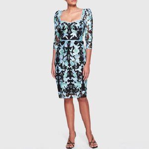 Marchesa Black and Blue Floral Midi Dress